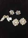 Lot of Three Rhinestone Cluster Accented Silver-Tone Alloy Pairs of Fashion Earrings