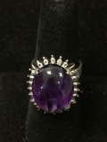 Large 19x14mm Oval Amethyst Cabochon w/ Bead Style Halo Sterling Silver Cocktail Ring Band-Size 7