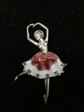 Marcasite & Cloisonn? Detailed 2.5in Tall Dancing Ballerina Style Sterling Silver Brooch