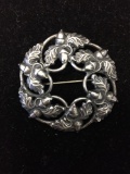 Signed Designer Acorn & Leaf Detailed Round 2in Diameter Sterling Silver Brooch