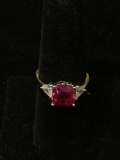 Cushion Faceted 8x8mm Rubellite Center w/ Trillion 4m White Zircon Sides Sterling Silver Three Stone