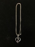 Round 2.5mm Amethyst Accented 1in Long Sterling Silver Ribbon Heart Pendant w/ 20in Box Link Chain