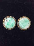 Asian Inspired Hand-Carved Round 23mm Green Jade Pair of Gold-Tone Sterling Silver Button Earrings