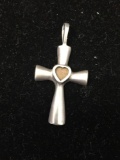 Signed Designer Thai Made Heart Center 1.5in Tall Sterling Silver Cross Pendant