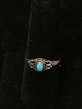Petite Vintage Filigree Decorated Sterling Silver Ring Band w/ Oval Turquoise Cabochon Center - Size