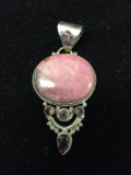 Horizontal 30x25mm Rhodochrosite Cabochon Round & Pear Faceted Garnet Accented 3in Tall Indonesian