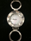 Round 26mm Scallop Bezel Mother of Pearl Face 7in Long Bracelet Solid Sterling Silver Watch