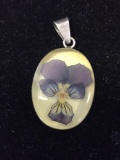 Resin Encased Pansy Oval 1.25in Tall Sterling Silver Framed Pendant