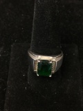 Rectangular Brilliant Faceted 10x8mm Green Spinel Center w/ Zircon Sides Sterling Silver Ring