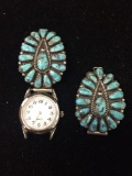 Round 23mm Stainless Steel Watch w/ Mother of Pearl Face & Old Pawn Native American Turquoise