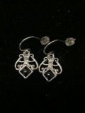 Square Onyx Cabochon Accented Filigree Designed 1in Long Pair of Sterling Silver Earrings