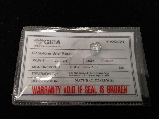 WOW GISA Certified 2.44 cts Natural Diamond Cushion Cut W/ COA