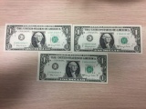 3 Count Lot of Consecutive 1963 Washington $1 Green Seal Bill Currency Notes - Uncirculated