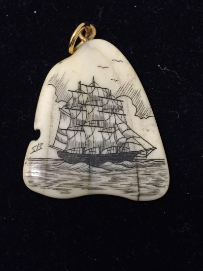 RARE Antique Artist Carved Ivory & Gold 1.5 Inch Pendant - Depicts Large Sailboat