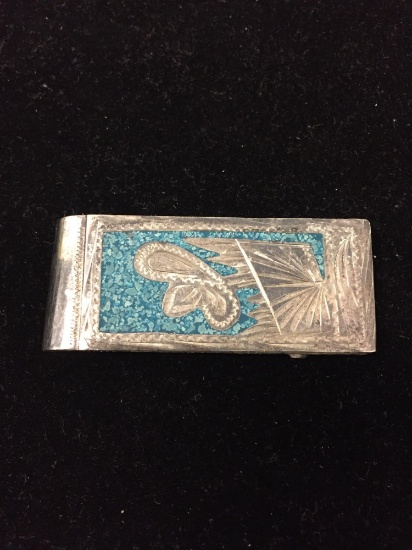 Alpacca Silver & Turquoise Chip Inlay 2.5 Inch Money Clip - 27g