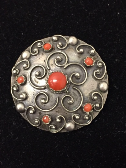 Vintage Bali Style 800 Sterling Silver Red Coral 1.5 Inch Brooch Pin