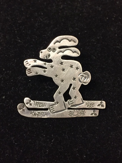 Signed RL Designer Carved Sterling Silver Bunny Rabbit Skiing Pin 1.5 Inch