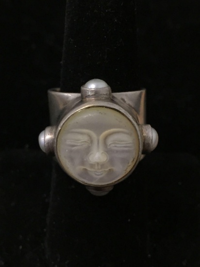 Bali Designer Signed Sajen Sterling Silver Ring W/ Carved MOP Moon Face Sz 7