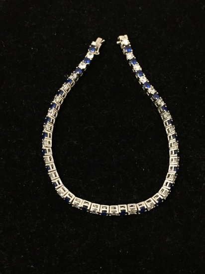 Beautiful 7 Inch Sterling Silver Tennis Bracelet W/ White & Blue Gemstones