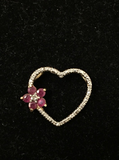 Gorgeous Ruby & REAL DIAMOND Gold Tone Sterling Silver Heart Pendant