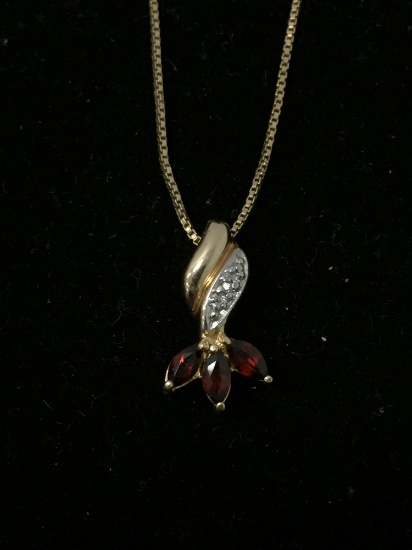 Beautiful Diamond & Garnet Sterling Silver Pendant W/ 18 Inch Gold Toned Silver Chain Necklace