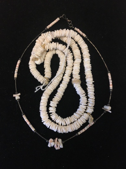 Lot of Two Beaded Shell & Coral Hand-Strung Necklaces, One 28in & One 16in