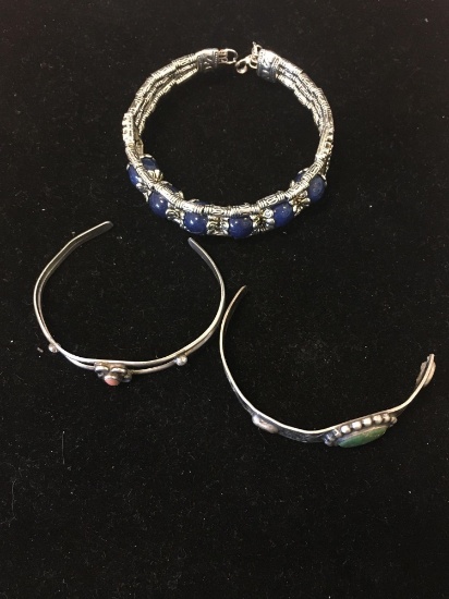 Lot of Three Gemstone Accented Alloy Bracelets, One w/ Lapis, One w/ Turquoise & One w/