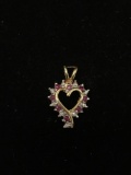 Round Faceted Ruby Accented w/ Single Diamond Gold-Tone Sterling Silver Heart Pendant