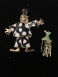Lot of Two Gold-Tone Alloy Brooches, One Enameled Dancing Clown & One Enameled Teddy Bear