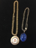 Lot of Two Gold-Tone Alloy Necklaces, One Rose Locket Pendant & One w/ Large Oval Sodalite Gem