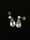 Pear Faceted 12x8mm Blue Topaz w/ Ball Accent Pair of Sterling Silver 1in Long Drop Earrings