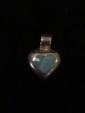 Mexican Made 1in Puffy Sterling Silver Heart Pendant w/ Larimar Gemstone Inlay