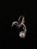 Jumping Dolphin Motif 1in Round Sterling Silver Pendant w/ 7mm Pearl Accent & Flush Set Diamond Eye