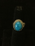 Rope Detail Framed Oval 12x10mm Turquoise Cabochon Split Shank Sterling Silver Ring Band-Size 5