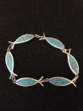 Turquoise Inlaid 10mm Wide Ichthys Motif 8in Long Sterling Silver Link Bracelet
