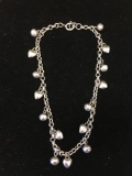 Baby Rolo Link 3.5mm Wide Sterling Silver Bracelet w/ Alternating Bead Ball & Puffy Heart Jingle