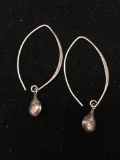 Marquise Shaped Dangle Wire Style 2in Long Pair of Sterling Silver Earrings w/ Teardrop Charm