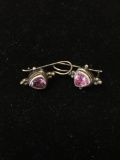 Bezel Set 7mm Pink Topaz Trillion Faceted Indonesian Styled 1in Long Pair of Sterling Silver
