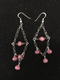 Briolette Faceted Rhodochrosite & Brass Bead Accented 3in Long Pair of Sterling Silver Chandelier
