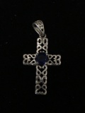 Round Faceted 6mm Created Blue Sapphire Center Filigree Decorated 1.25in Tall Sterling Silver Cross
