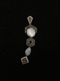 Hexagonal & Marquise Shaped Cat's Eye Inlay Marcasite Accented 2in Long Sterling Silver Drop Pendant