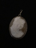 Sterling Silver Rope Detail Framed Oval Hand-Carved Lady Portrait Cameo 1.5in Tall Pendant