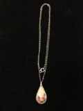 Hand-Painted Flower Blossom Teardrop 1in Long Sterling Silver Pendant w/ 16in Cable Chain