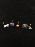 Lot of Five Various Size & Style Single Mismatched Gemstone Accented Sterling Silver Button Earrings
