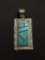 YR Signed Native American Sterling Silver & Turquoise 2 Inch Rectangle Pendant