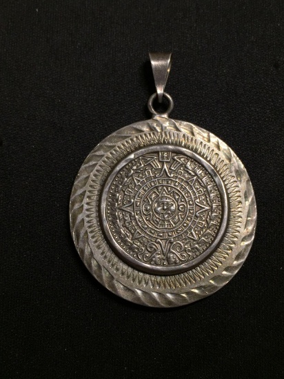RARE Aztec Mayan Carved Calendar Coin Pendant - ANTIQUE Sterling Silver - 21 Grams