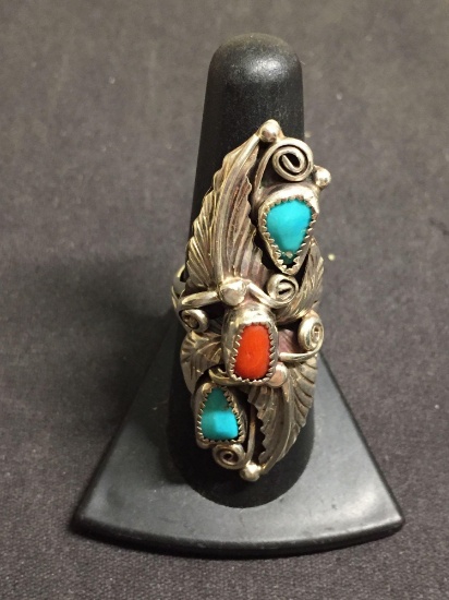 Native American Signed "LR" Tall Sterling Silver Leaf Ring W/ Red Coral & Turquoise Sz 8