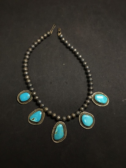 WOW 14 Inch Squash Blossom Style Navajo Native American Sterling Silver & Turquoise Chunk Necklace -