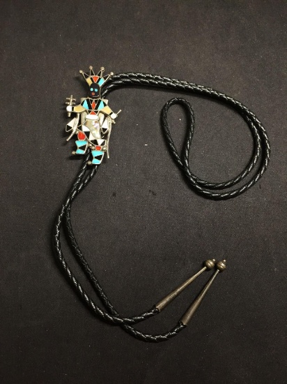 Artist Signed Zuni Inlaid Gemstone Sterling Silver Warrior Bolo Tie - Turquoise Onyx Coral Shells