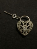 Designer 925 Sterling Silver & Diamond Heart Lock & Key Pendant
